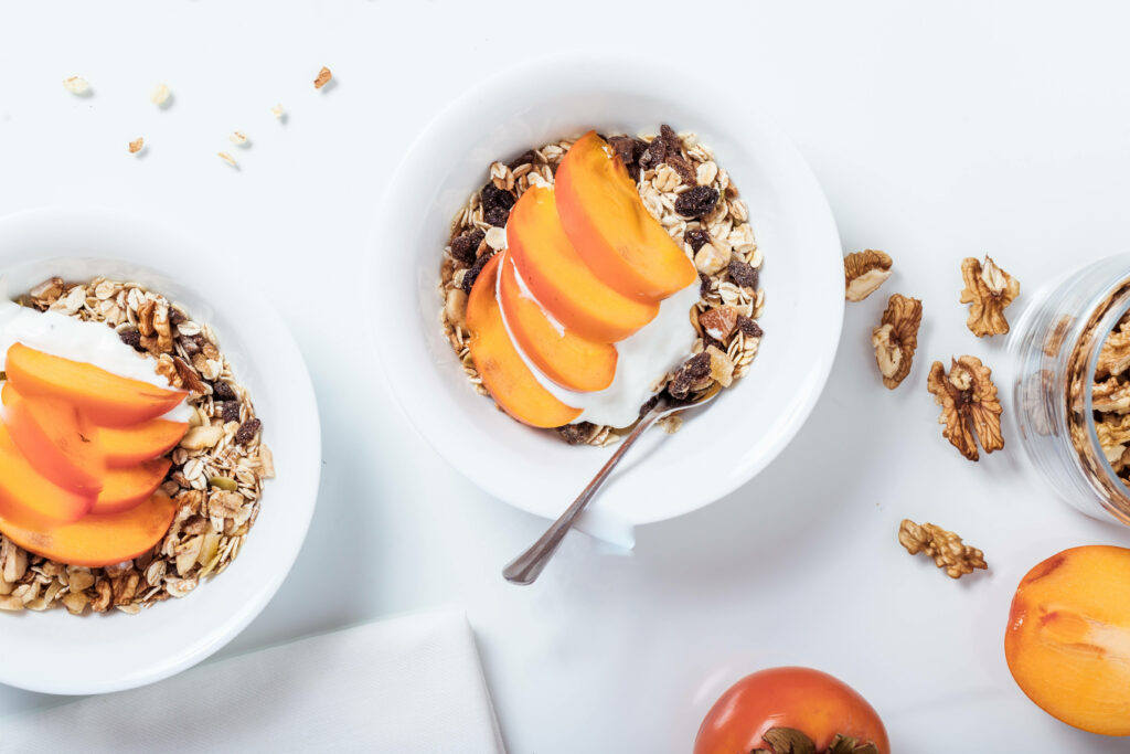 Healthy Breakfast Wallpaper: Oatmeal, Peaches, Yogurt & Walnuts
