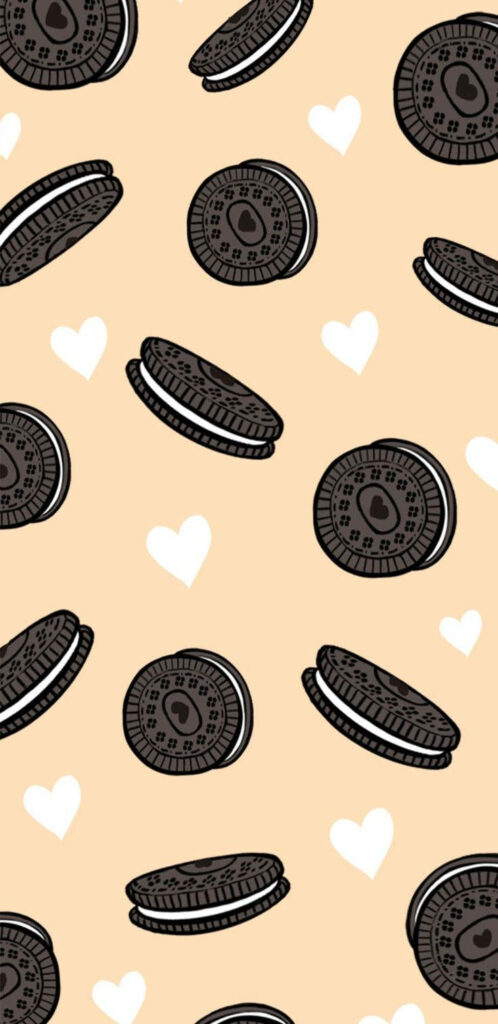 Sweet Love on Your Screen: Captivating Oreo Cookie Illustration with Heavenly White Hearts Wallpaper