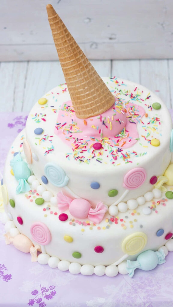 Vibrant Pastel Ice Cream Cake Wallpaper with Sprinkles & Cone