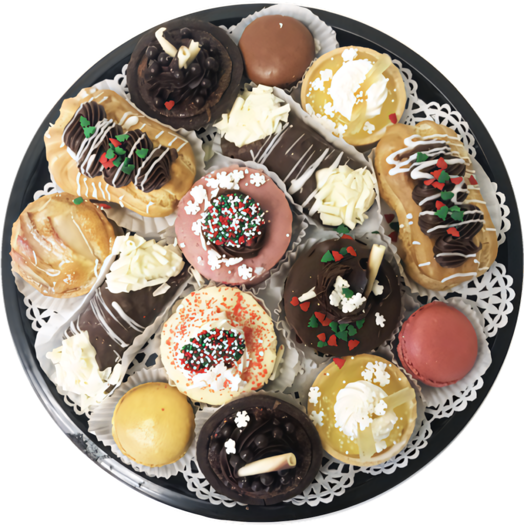 Colorful Pastry Platter: Eclairs, Cupcakes & Macarons Wallpaper