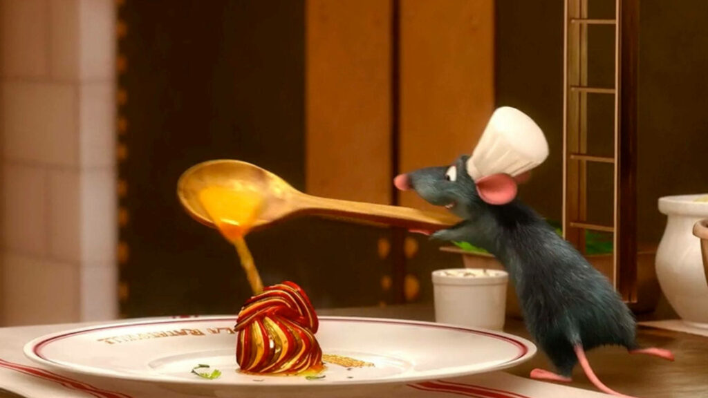 Charming Remy Wallpaper: Rat Chef with Elegant Ratatouille Dish