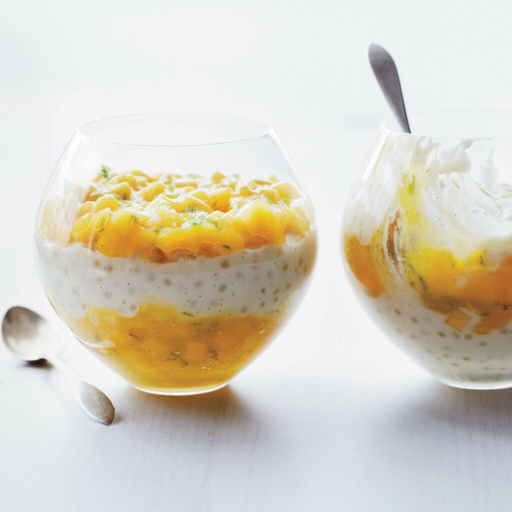 Delicious Tapioca Parfait Wallpaper with Mango Chunks in Glasses