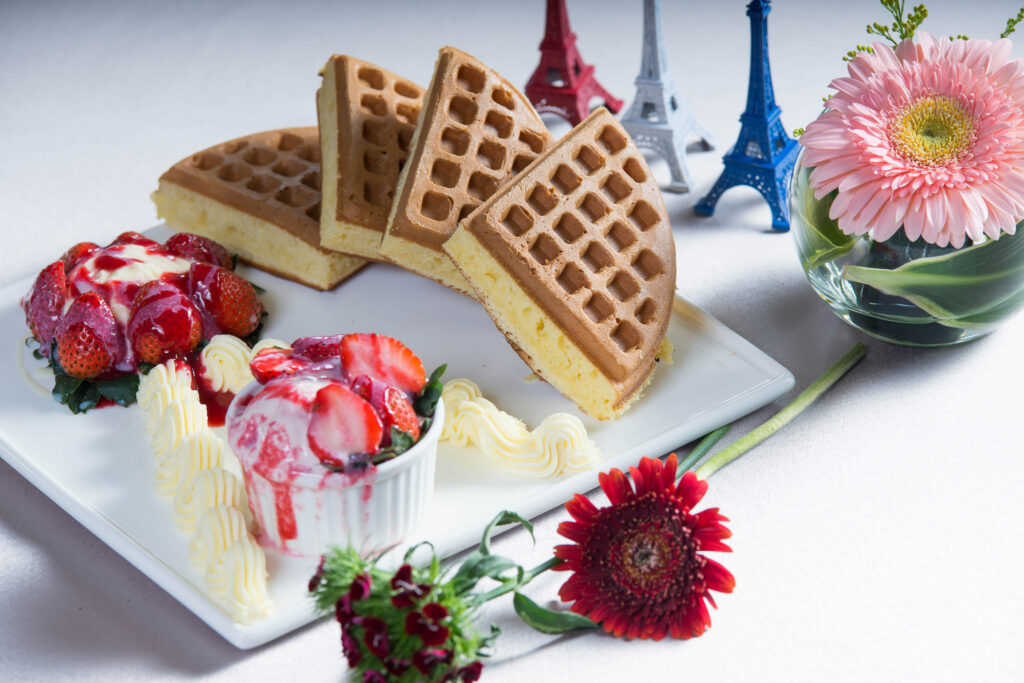 Beautiful Dessert Wallpaper: Waffles, Strawberry Ice Cream & Flowers
