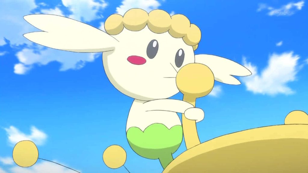 Yellow Flower Flabébé Pokémon anime wallpaper with joyful expression and clear blue sky background