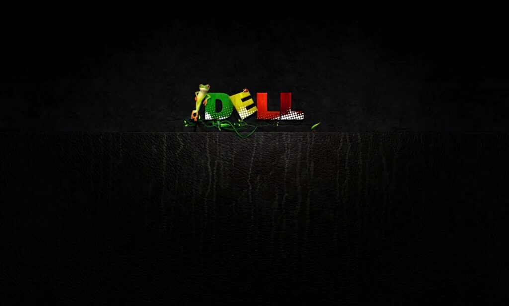 Dell wallpaper with bold colorful 3D letters and playful digital elements on dark textured background
