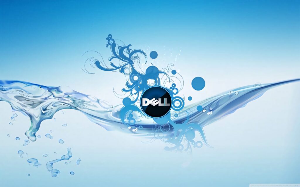Dell wallpaper with blue white water splash and abstract floral design centered on logo