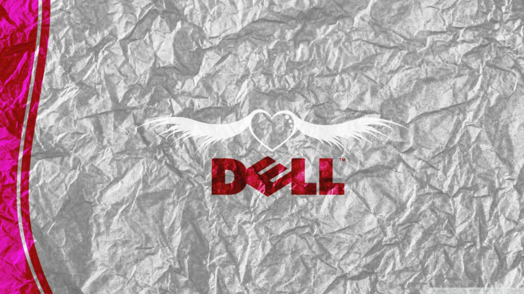 A Colorful Twist: Dell HD Logo, Crumpled Paper, Pink Backdrop and Flying Heart Wallpaper