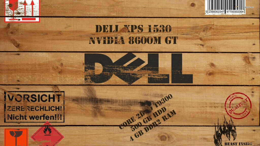 The Rustic Charm of Dell: A Vintage Crate Bearing Dell Laptop Logo, German Stamps, and Package Details Wallpaper