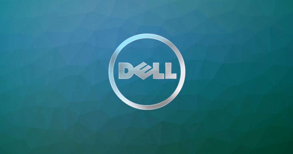 Dell logo on teal and blue polygonal gradient background modern tech wallpaper design