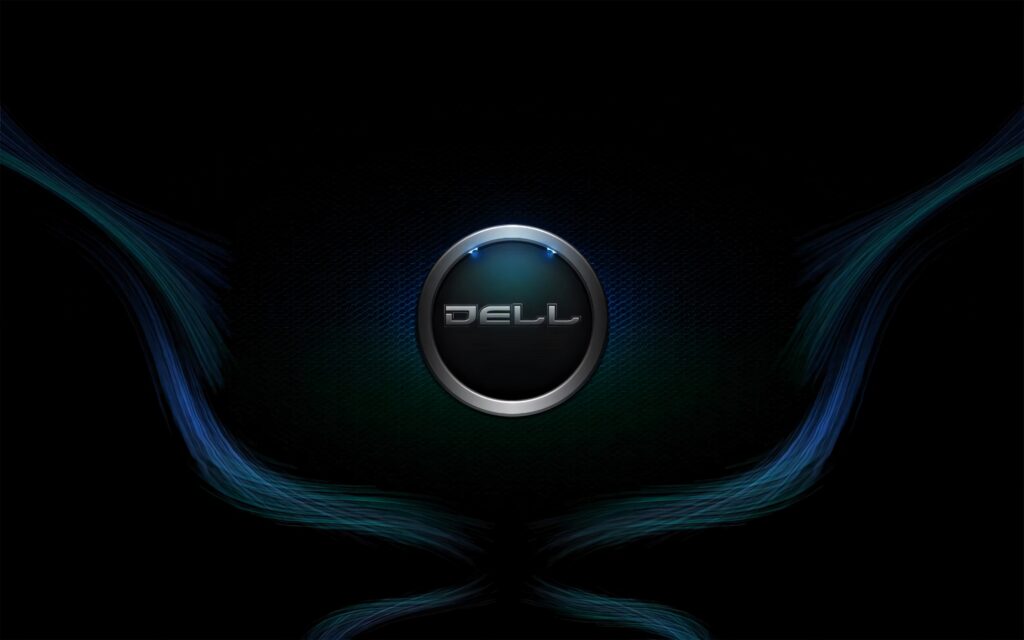 Dell logo wallpaper with metallic neon blue accents and dynamic abstract lines on dark background