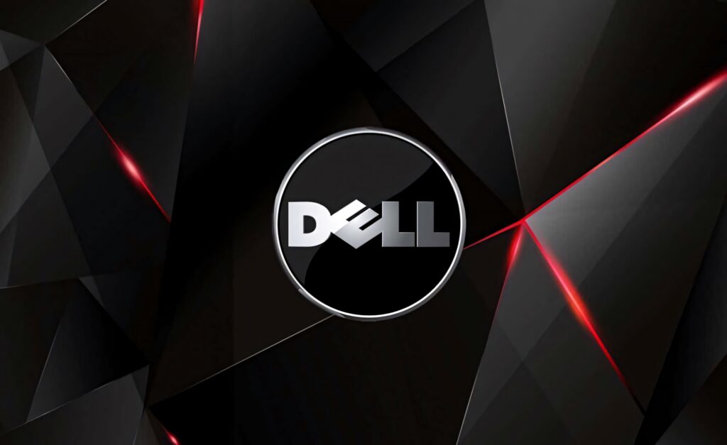 Dell wallpaper with metallic logo on dark geometric background featuring red highlights and polygons