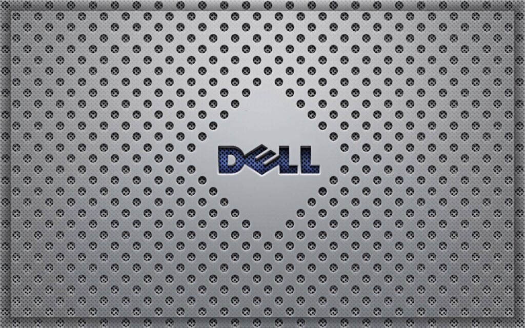 Dell wallpaper with metallic texture and raised dots featuring blue-accented logo on silver background