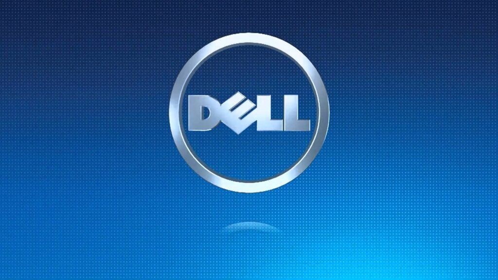 Dell logo silver on blue gradient background with dotted texture modern professional wallpaper
