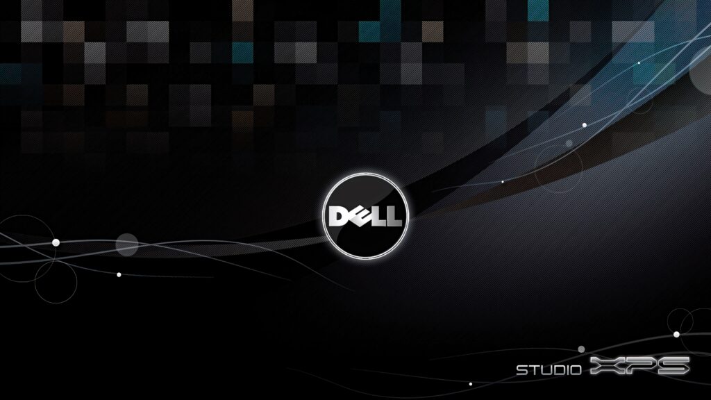 Dell Studio XPS wallpaper with dark gradient, abstract pixels, smooth curves, and glowing logo center