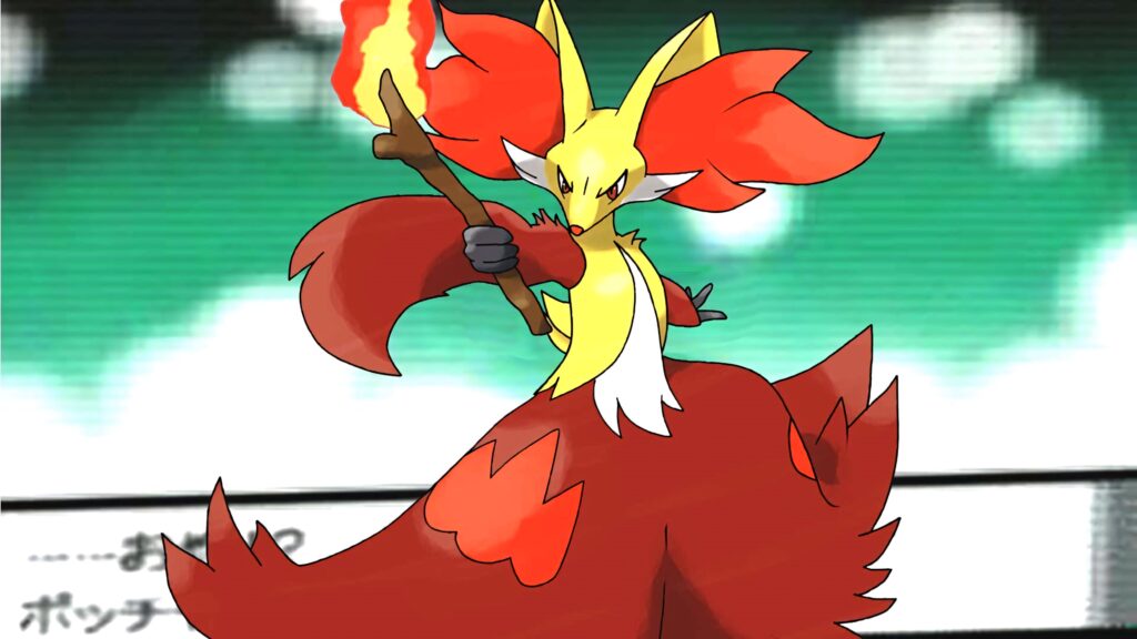 Delphox anime wallpaper with flaming staff casting fire spell in vibrant red and orange colors