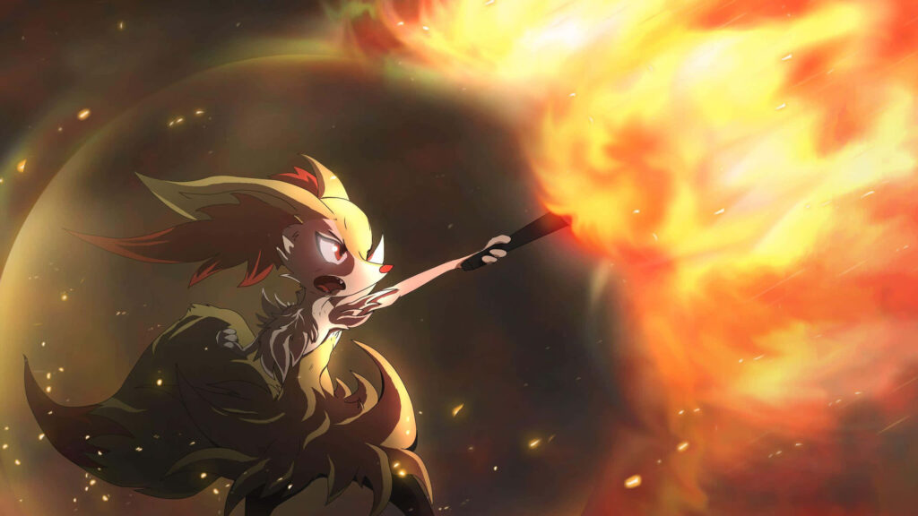 Delphox casting powerful fire spell with glowing flames vibrant anime style magical wallpaper