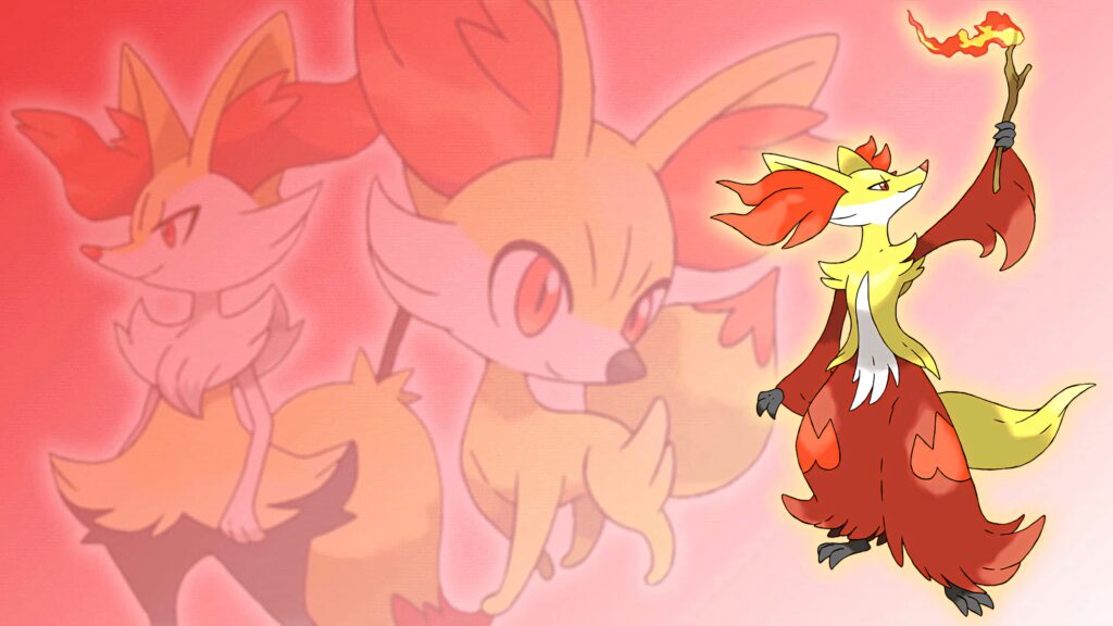 Delphox evolutionary chain wallpaper with Fennekin Braixen and Delphox fiery anime style background