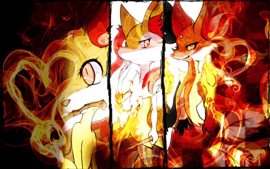 Delphox Fire Psychic Pokemon wallpaper with dynamic fiery art and magical swirling flames background