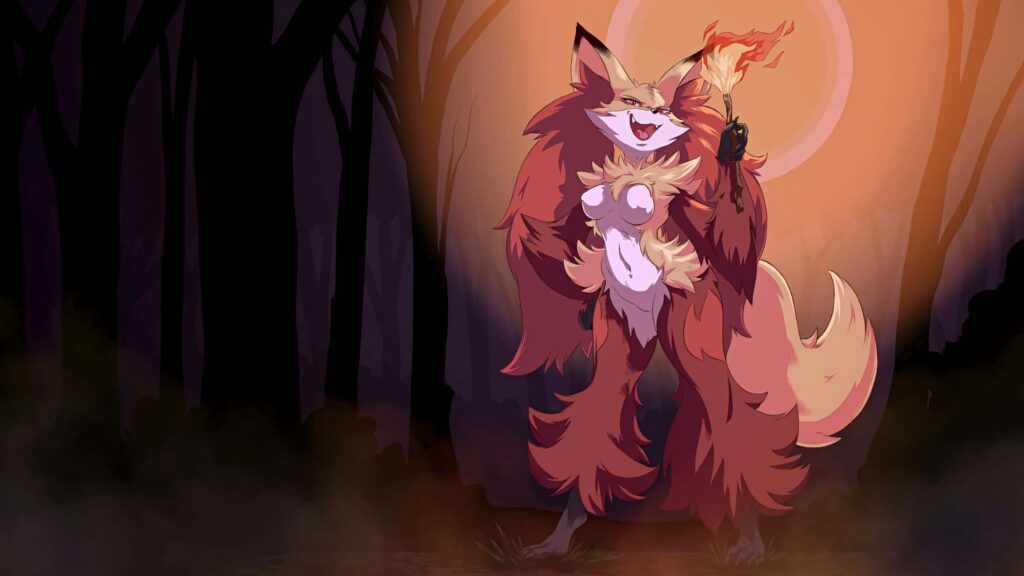 Delphox fire mage Pokémon conjuring flame in misty forest with warm orange and brown hues wallpaper