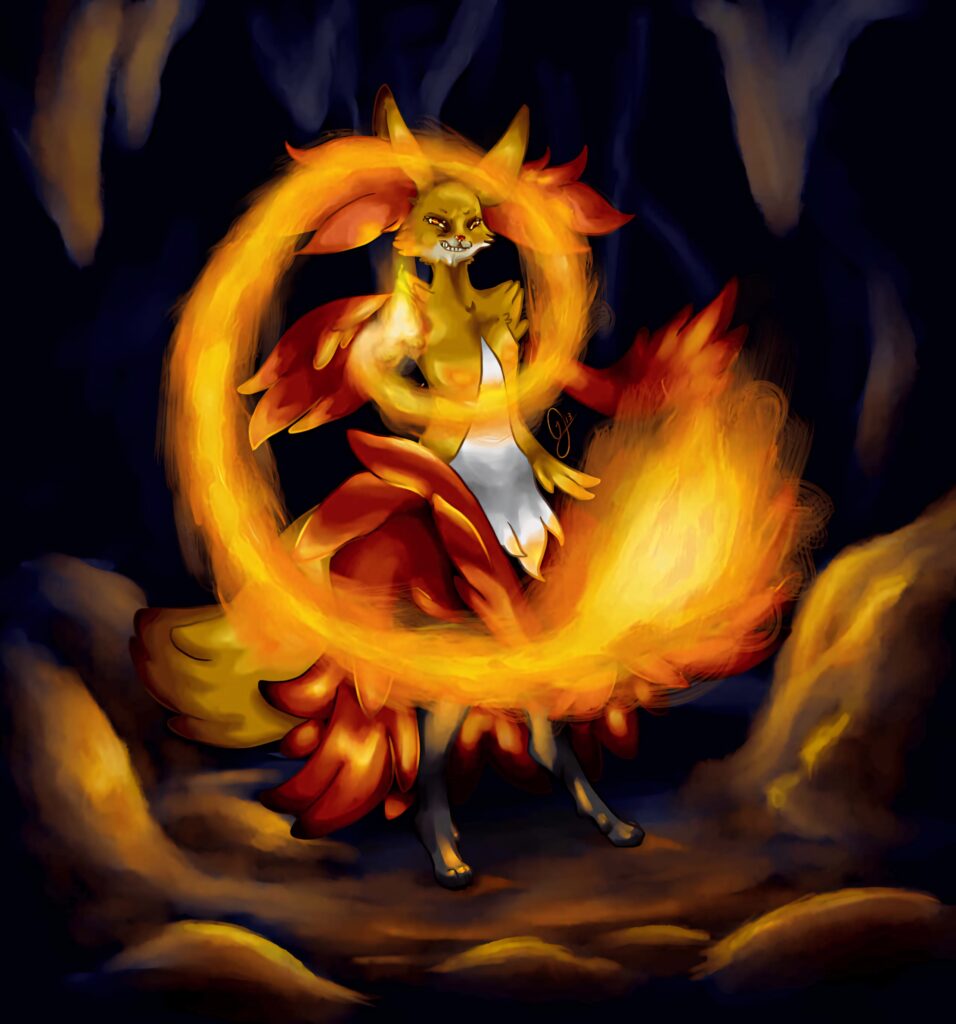 Delphox in a dark cave conjuring vibrant orange fire ring fantasy Pokémon wallpaper background