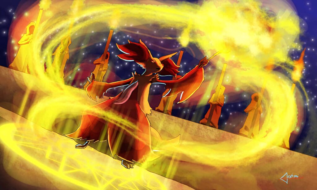 Delphox casting golden fire magic with glowing runes under starry sky anime wallpaper background
