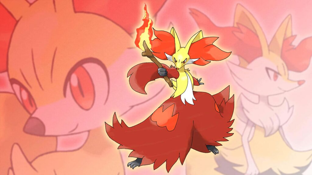Delphox Fire-type Pokémon with flaming staff fiery red orange background dynamic wallpaper