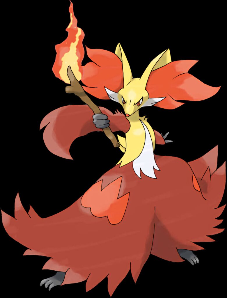 Delphox Fire-type Pokémon with flaming stick bold pose vivid red orange fur fiery wallpaper background