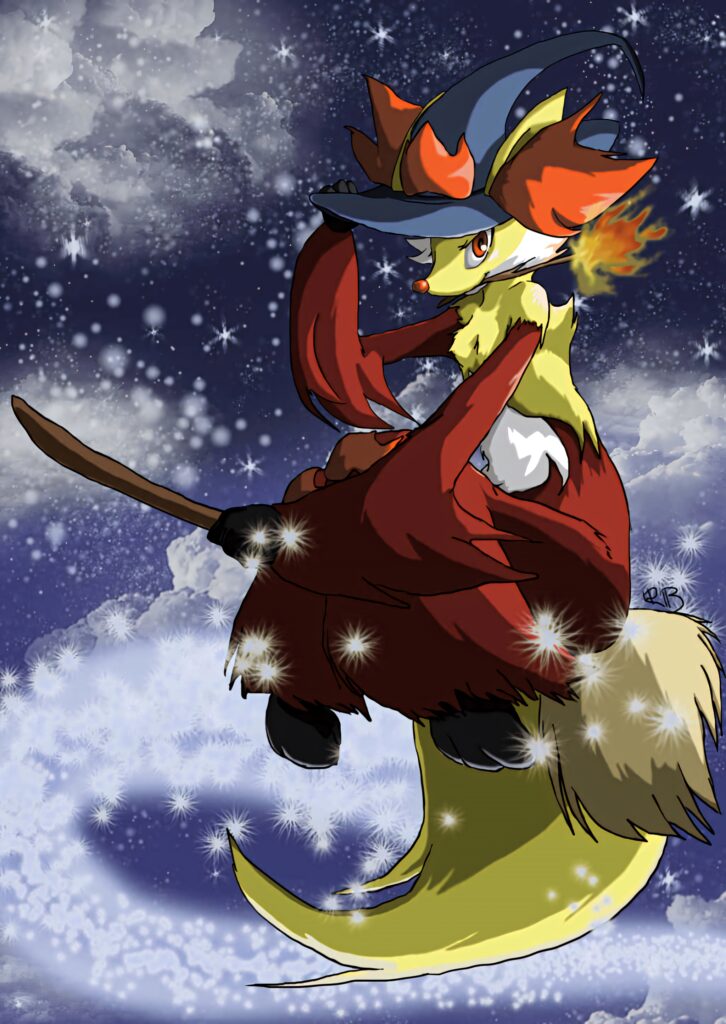 Delphox flying through a starry night sky wearing a magical wizard robe anime wallpaper background