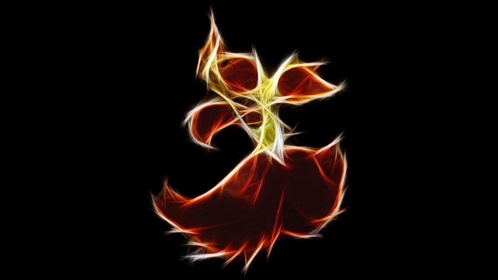Delphox fractal art wallpaper vibrant fiery reds mystical Pokemon on deep black background