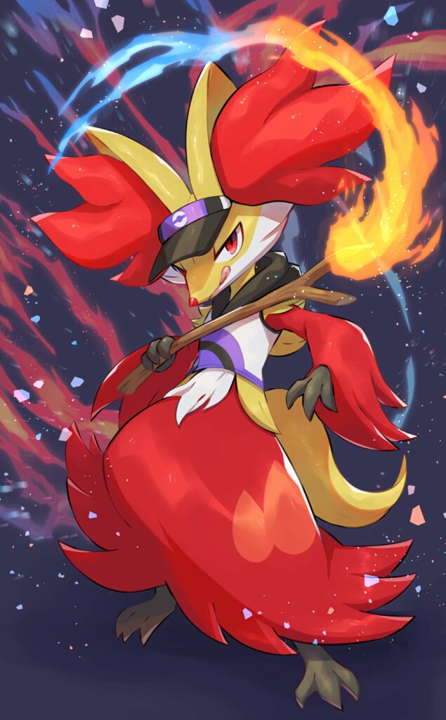Delphox casting fiery magical spells with vibrant flames and swirling mystical energy background Wallpaper