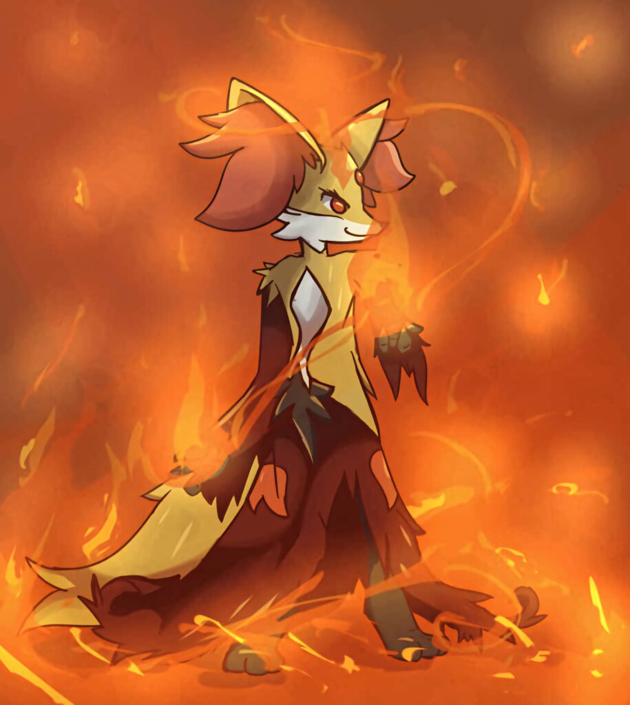 Delphox anime wallpaper vibrant fiery orange fur mystical flames dynamic magical background