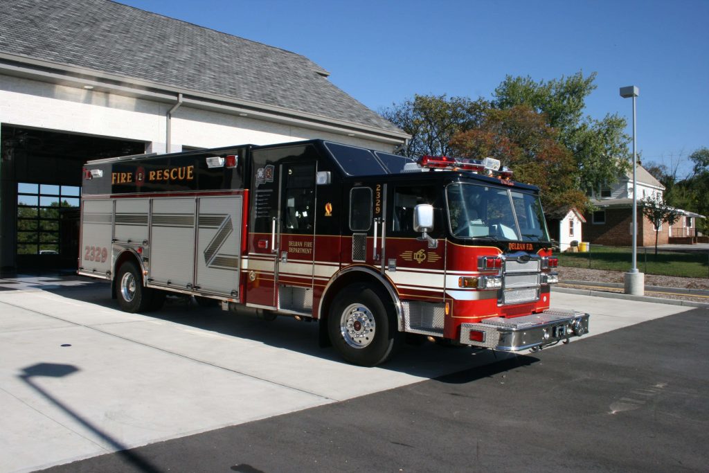 Delran Fire Department fire rescue truck 2329 black red chrome parked station apron daylight Wallpaper