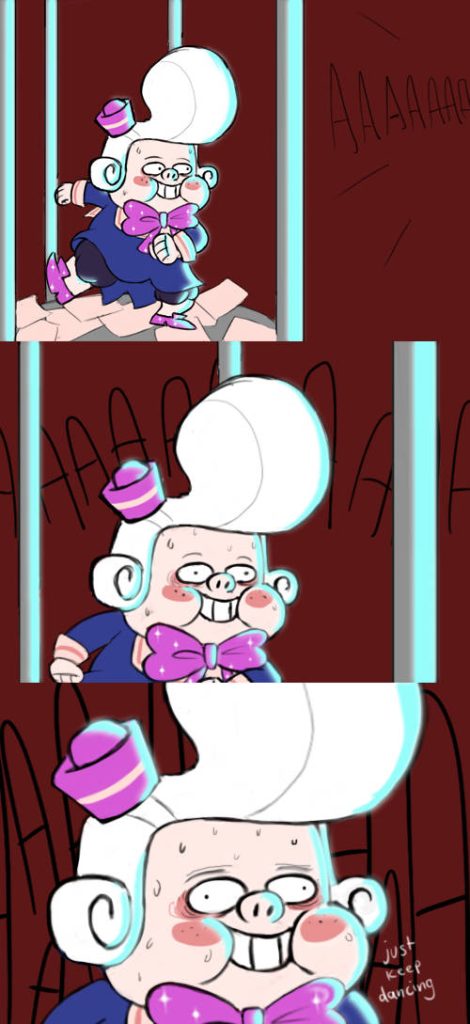 Comedic three-panel digital illustration of Sweet from Deltarune in panicked pose wallpaper