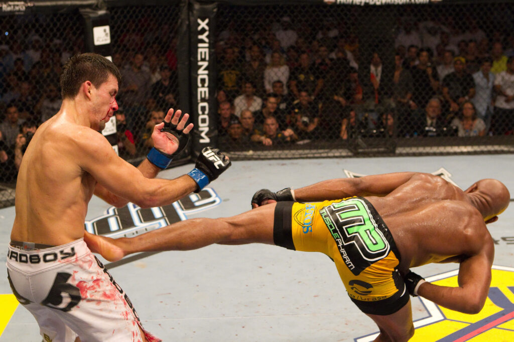 Demian Maia and Anderson Silva intense MMA fight octagon Silva delivering powerful kick wallpaper