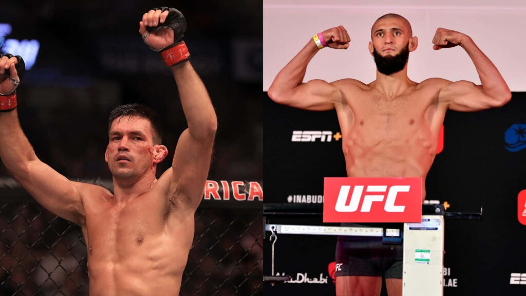 Demian Maia victorious and Khamzat Chimaev confident split-screen UFC fighters MMA wallpaper