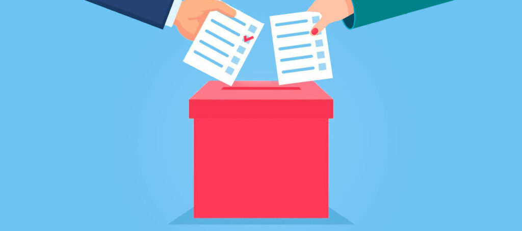 Democratic Participation: Symbolic Hands Casting Votes into Red Ballot Box Wallpaper