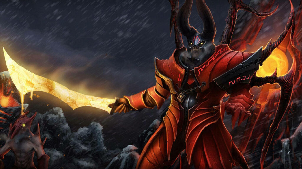 The Fiery Overlord: A Majestic Demon Emperor in Crimson Armor - Epic Doom HD Background Image Wallpaper