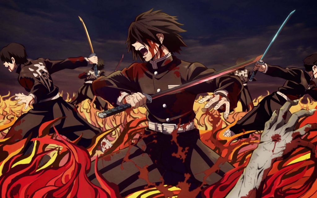 Demon Slayer intense battle with Demon Slayer Corps amid roaring flames anime wallpaper background
