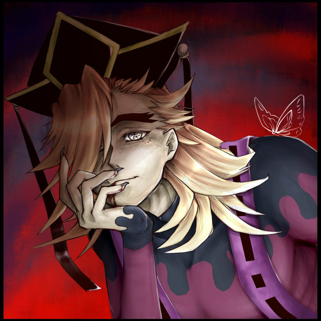 Demon Slayer Douma wallpaper with multicolored hair red background dark painterly style butterfly