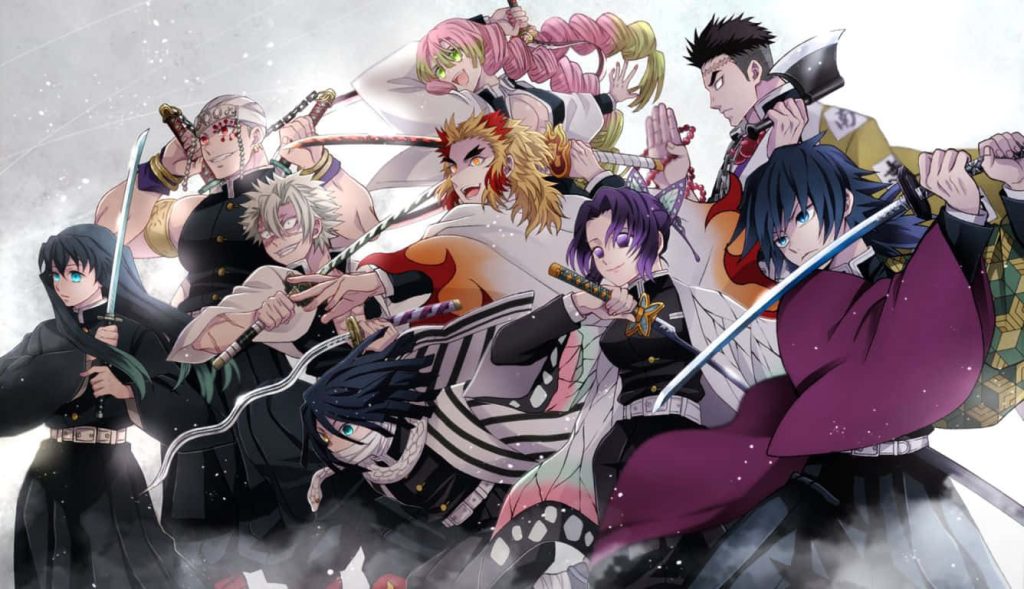 Dynamic Kimetsu no Yaiba wallpaper of all nine Hashira heroes in intense battle poses