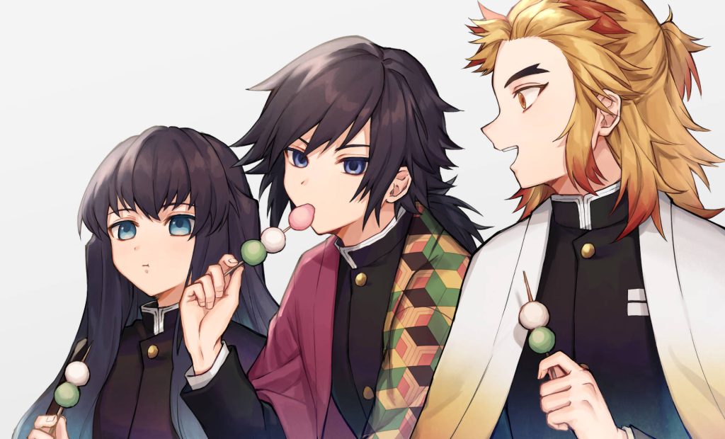 Demon Slayer Hashiras Muichiro Tokito Giyu Tomioka Kyojuro Rengoku eating dango anime wallpaper