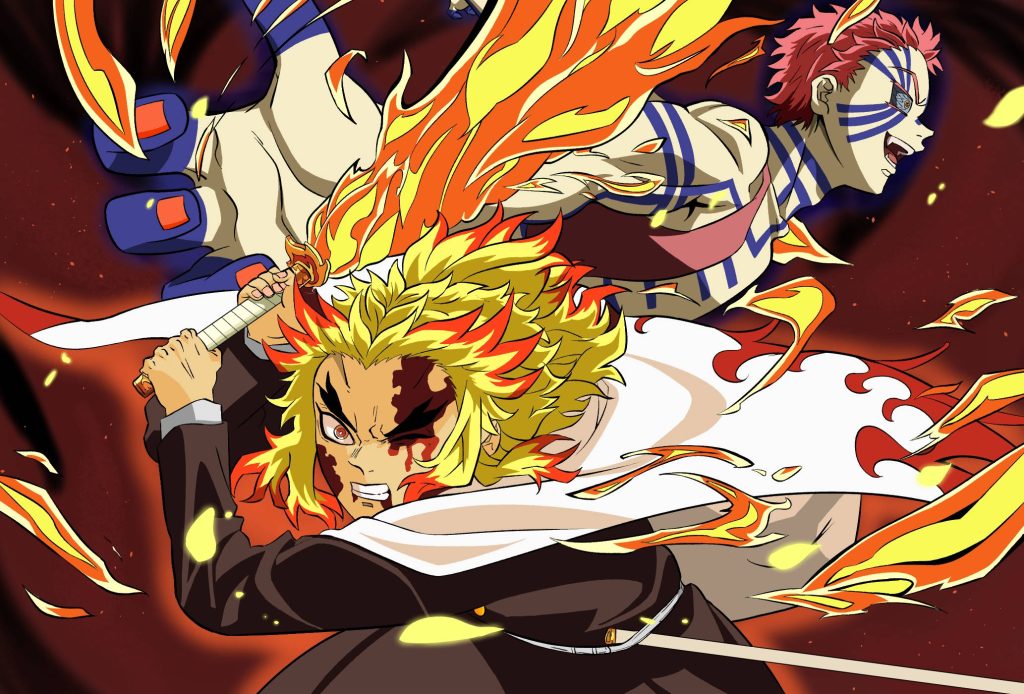 Kyojuro Rengoku fighting demon Akaza fiery Nichirin sword dynamic Demon Slayer wallpaper