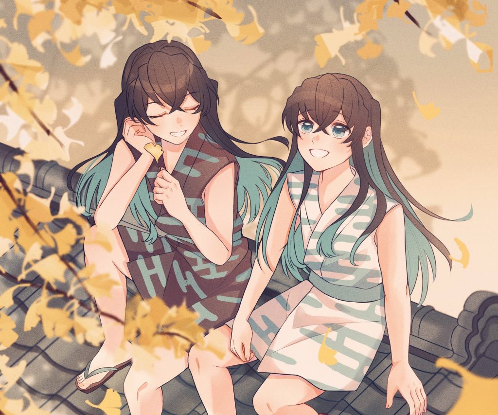 Demon Slayer Muichiro Tokito and twin Yuichiro on rooftop with golden ginkgo leaves autumn wallpaper
