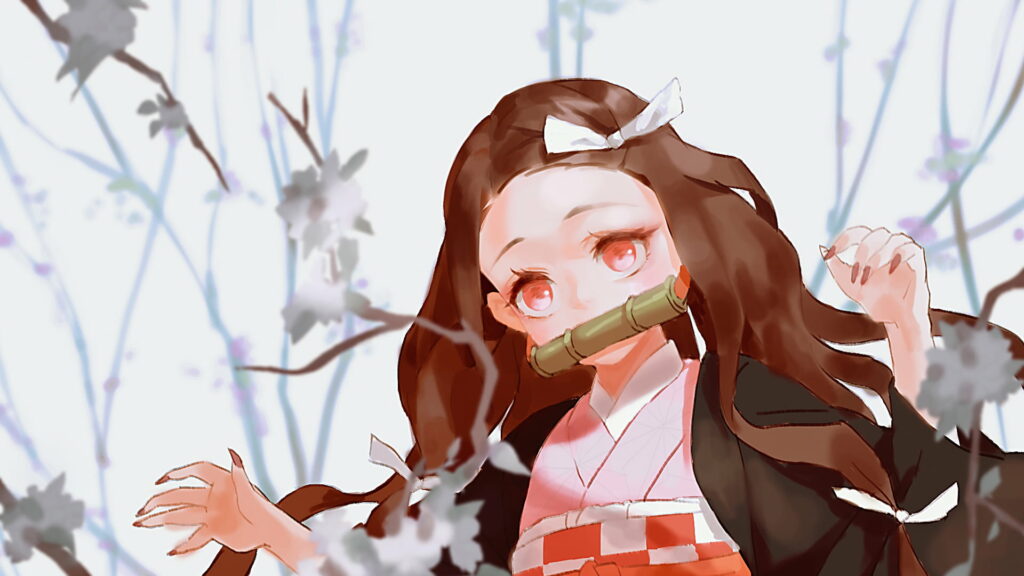 Ethereal Elegance: Nezuko Kamado Embracing the Sky's Serenity in Her Scarlet Robes Wallpaper