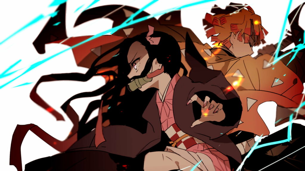 Glowing Anime Heroes: Nezuko Kamado and Zenitsu Agatsuma in Divine Battlestance Wallpaper