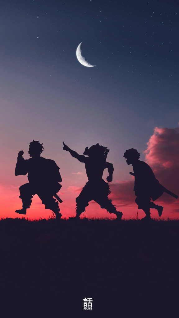 Demon Slayer wallpaper silhouette of Tanjiro Inosuke Zenitsu running under crescent moon sunset
