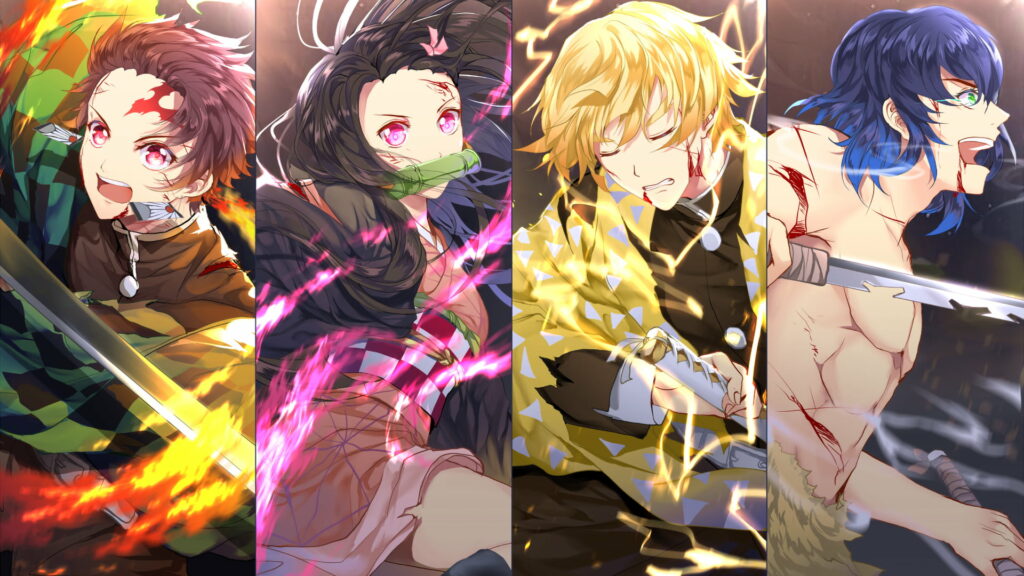 Anime Heroes Unite: Inosuke, Nezuko, Tanjirou, and Zenitsu in a Thrilling Demon Slayer Wallpaper