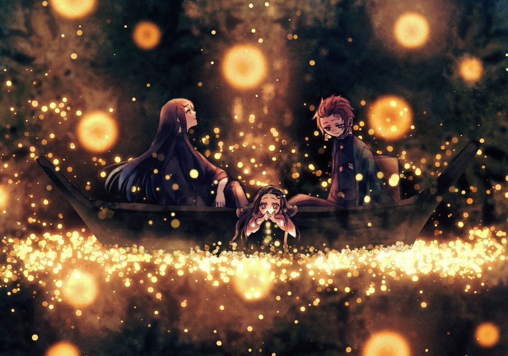 Demon Slayer anime wallpaper Tanjiro Nezuko Mitsuri in boat surrounded by glowing fireflies nighttime
