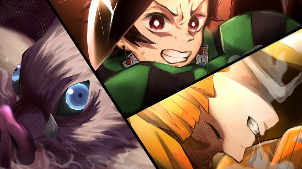 Fierce Team of Demon Slayers: Inosuke, Tanjirou, and Zenitsu Wallpaper