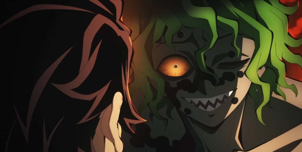 Demon Slayer intense battle wallpaper Gyutaro with neon green hair and glowing eye vs Tanjiro
